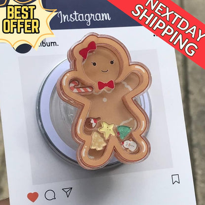Gingerbread Man Shaking Phone Grip: Festive Holiday Popgrip with Candy & Star Decorations, Cute Xmas Phone Holder, Nice Gift for Friends