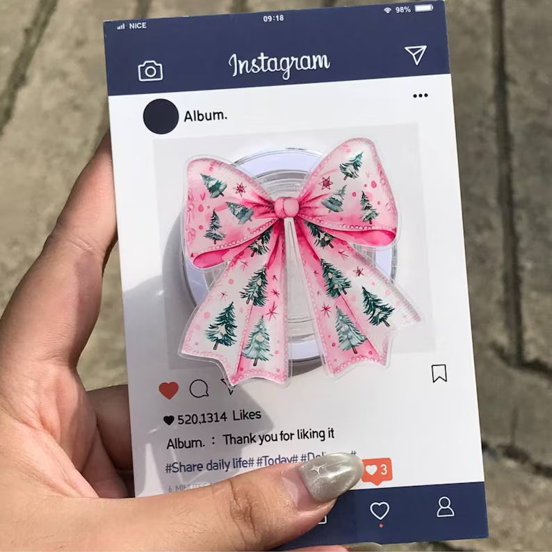 Pink Christmas Tree Bow Magnetic Phone Grip: Festive Holiday Griptok, Cute Xmas Phone Holder, Perfect Gift for Teens & Friends