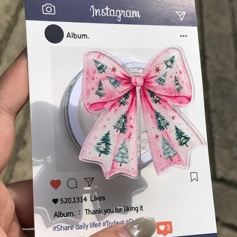 Pink Christmas Tree Bow Magnetic Phone Grip: Festive Holiday Griptok, Cute Xmas Phone Holder, Perfect Gift for Teens & Friends