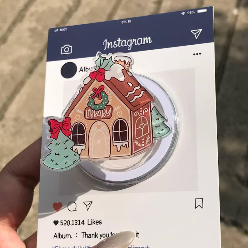 Gingerbread Library Magnetic Phone Grip: Festive Christmas Popgrip with Holly & Wreath, Cute Winter Phone Holder, Perfect Holiday Gift