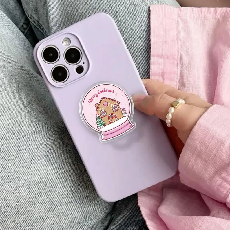 Merry Bookish Snow Globe Magnetic Phone Grip: Cute Gingerbread House Design, Festive Phone Stand for Book Lovers, Magsafe Phone Holder