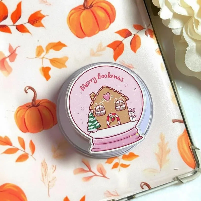 Merry Bookish Snow Globe Magnetic Phone Grip: Cute Gingerbread House Design, Festive Phone Stand for Book Lovers, Magsafe Phone Holder