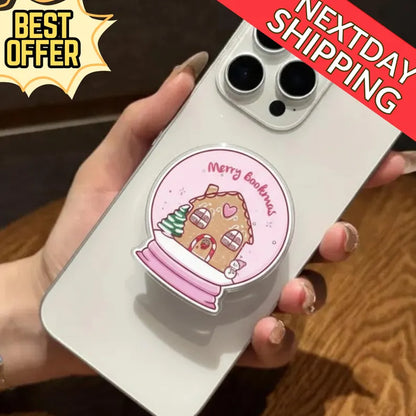 Merry Bookish Snow Globe Magnetic Phone Grip: Cute Gingerbread House Design, Festive Phone Stand for Book Lovers, Magsafe Phone Holder