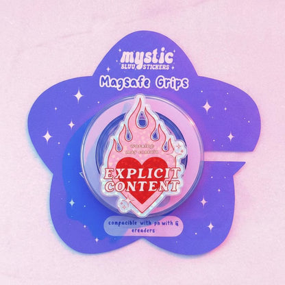 Explicit Content Magnetic Phone Grip: Warning Heart & Flame Stand, Phone Accessory, Fun Gift for Bold Individual, Magsafe Phone Holder