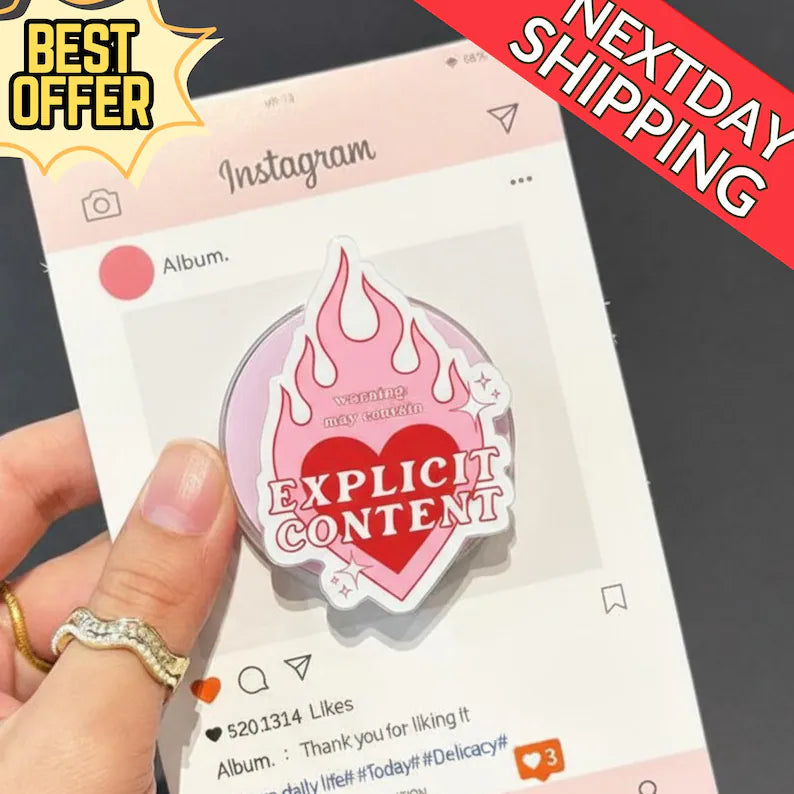 Explicit Content Magnetic Phone Grip: Warning Heart & Flame Stand, Phone Accessory, Fun Gift for Bold Individual, Magsafe Phone Holder