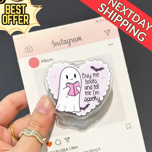 Buy Me Books and Tell Me I'm Spooky Ghost Magnetic Phone Grip: Cute Kindle Grip with Pink Heart & Bat, Fun Phone Accessory for Book Lovers