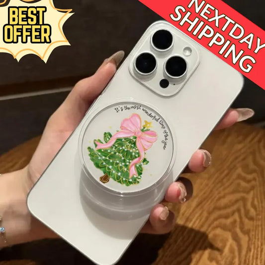 Christmas Tree Magnetic Phone Grip: Cute Pink Bow and Glitter Holiday Phone Stand, Festive Phone Accessory, Perfect Gift for Christmas Lover