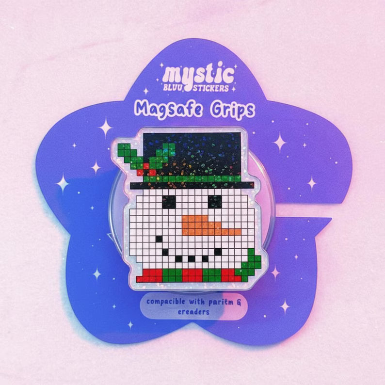 Pixelated Snowman Magsafe Phone Grip, Magnetic Griptok – Cute Christmas Snowman with Hat and Scarf, Phone Accessory for Christmas Lovers