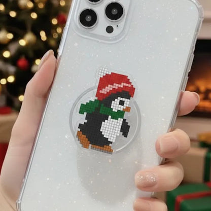 Pixelated Penguin Magsafe Phone Grip, Magnetic Phone Holder – Cute Christmas Penguin with Red Hat and Green Scarf, Holiday Kindle Accessory