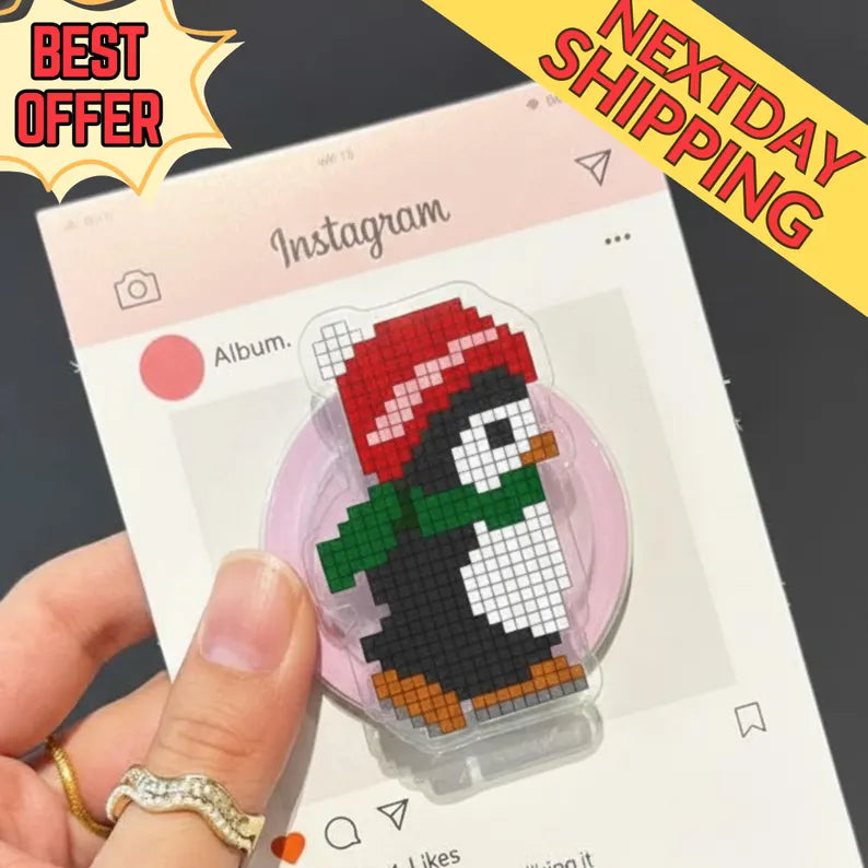 Pixelated Penguin Magsafe Phone Grip, Magnetic Phone Holder – Cute Christmas Penguin with Red Hat and Green Scarf, Holiday Kindle Accessory