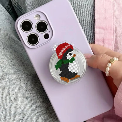 Pixelated Penguin Magsafe Phone Grip, Magnetic Phone Holder – Cute Christmas Penguin with Red Hat and Green Scarf, Holiday Kindle Accessory