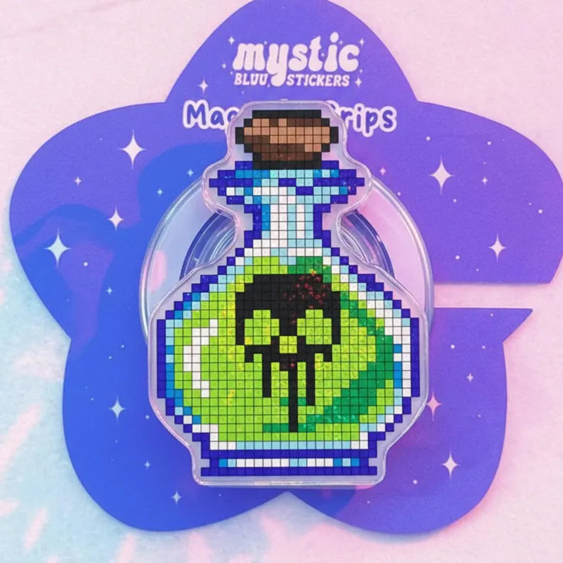 Pixelated Potion Bottle Magnetic Phone Grip, Magsafe Griptok– Fun Toxic Green Potion with Skull, Halloween Phone Accessory