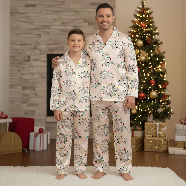 Cozy Lightning M queen Season’s Speedings Satin Pajamas Set, PlXAR Cars Christmas Sleepwear, Radiator Springs Matching Silky PJs, DlSNEY PJs