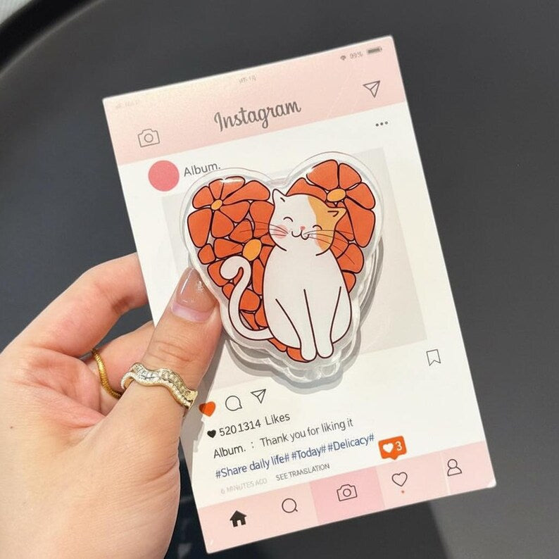 Sweet Cat and Petals MagSafe Phone Grip: Kawaii Cat Magnetic Phone Grip, Cute Phone Holder for Phone or Kindle, Booktok Gift for Friends