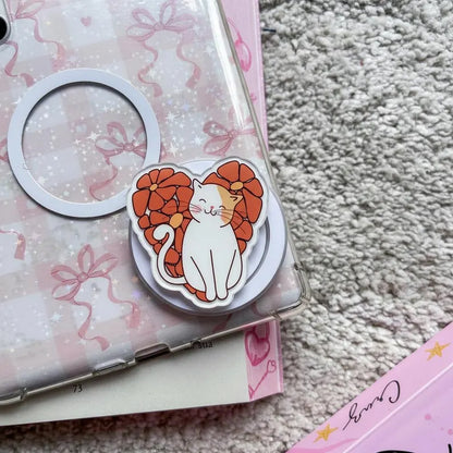 Sweet Cat and Petals MagSafe Phone Grip: Kawaii Cat Magnetic Phone Grip, Cute Phone Holder for Phone or Kindle, Booktok Gift for Friends