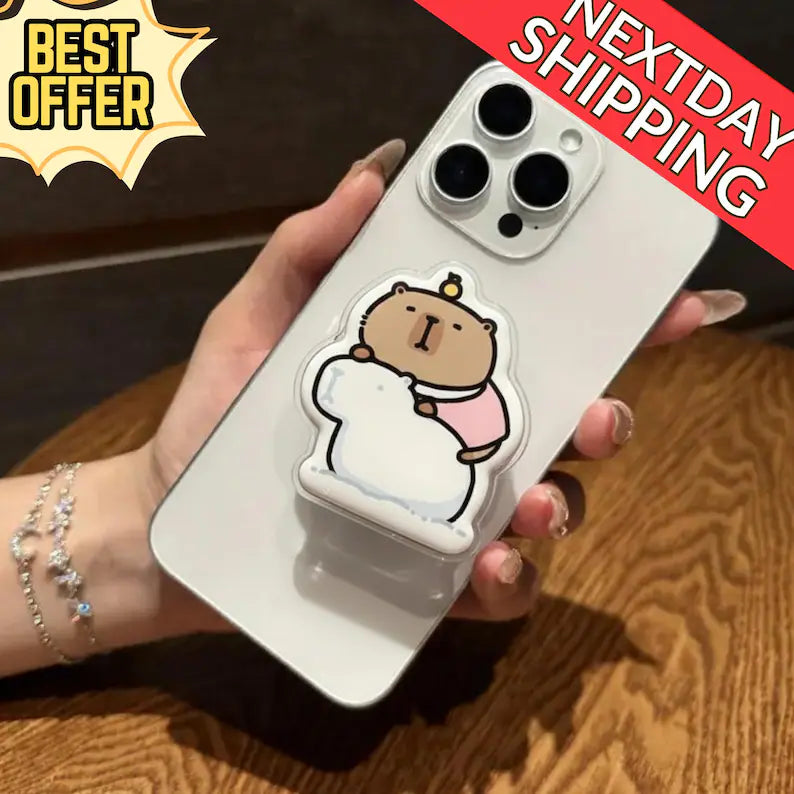 Bear Hugging Polar Bear Magnetic Phone Grip: Cute Kawaii Animal Magsafe Phone Holder, Cozy Winter Phone Holder, Gift for Bear & Animal Lover