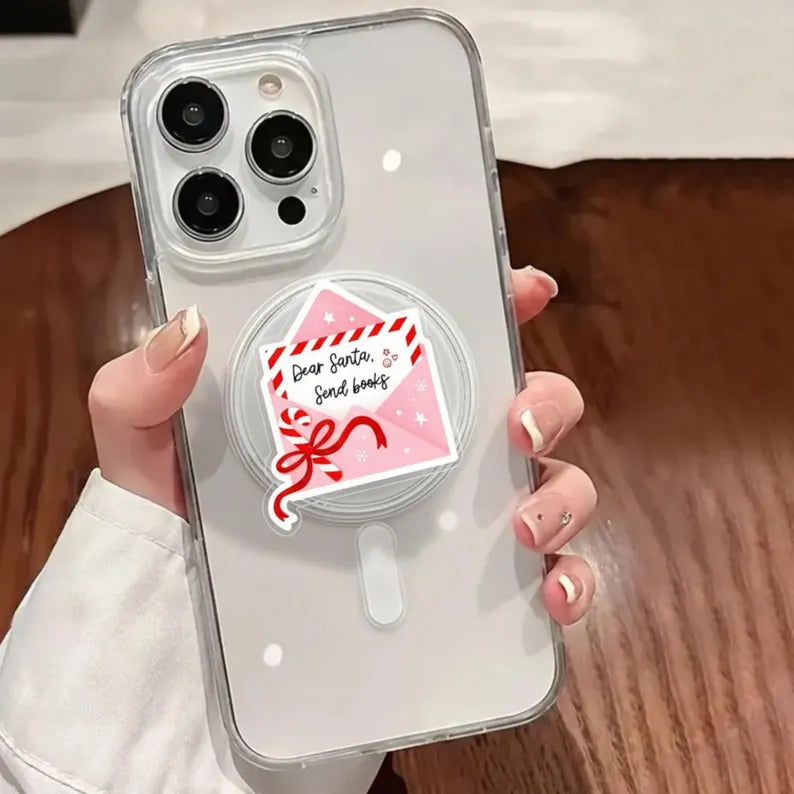 Dear Santa Send Books Magnetic Phone Grip, Magsafe Bookish Grip – Cute Pink Christmas Letter Phone Holder, Book Lover Holiday Accessory