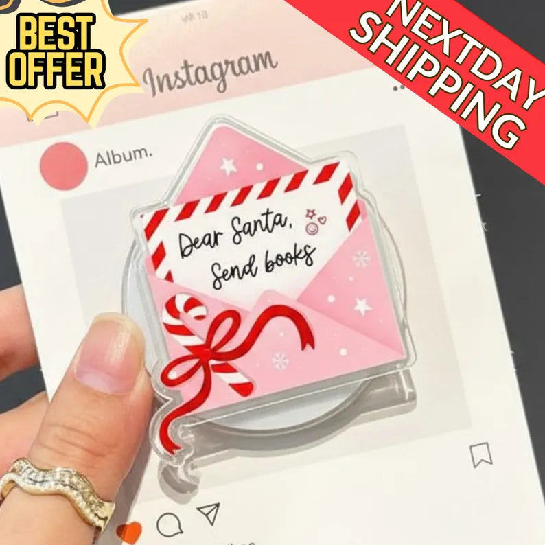 Dear Santa Send Books Magnetic Phone Grip, Magsafe Bookish Grip – Cute Pink Christmas Letter Phone Holder, Book Lover Holiday Accessory