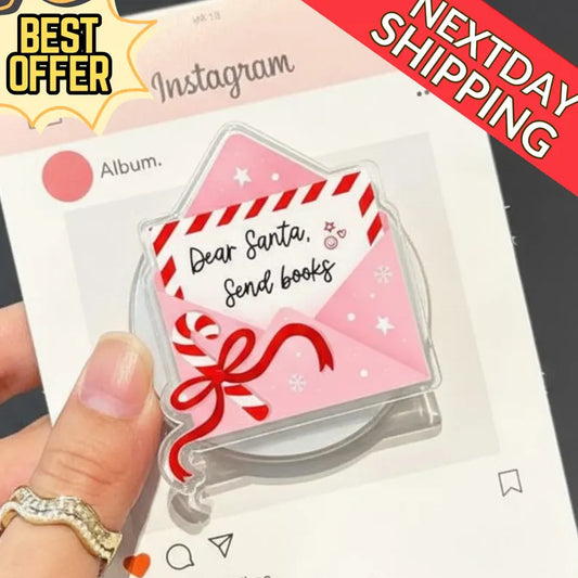Dear Santa Send Books Magnetic Phone Grip, Magsafe Bookish Grip – Cute Pink Christmas Letter Phone Holder, Book Lover Holiday Accessory