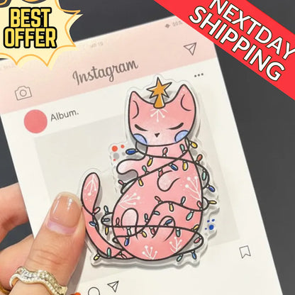 Pink Christmas Cat Magnetic Phone Grip, Cute Cat Kindle Grip, MagSafe Phone Holder, Kawaii Holiday Accessory, Gift for Cat Lover, Xmas Grip
