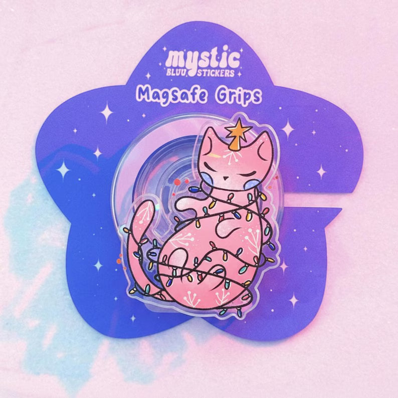 Pink Christmas Cat Magnetic Phone Grip, Cute Cat Kindle Grip, MagSafe Phone Holder, Kawaii Holiday Accessory, Gift for Cat Lover, Xmas Grip