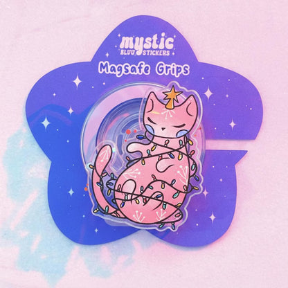 Pink Christmas Cat Magnetic Phone Grip, Cute Cat Kindle Grip, MagSafe Phone Holder, Kawaii Holiday Accessory, Gift for Cat Lover, Xmas Grip