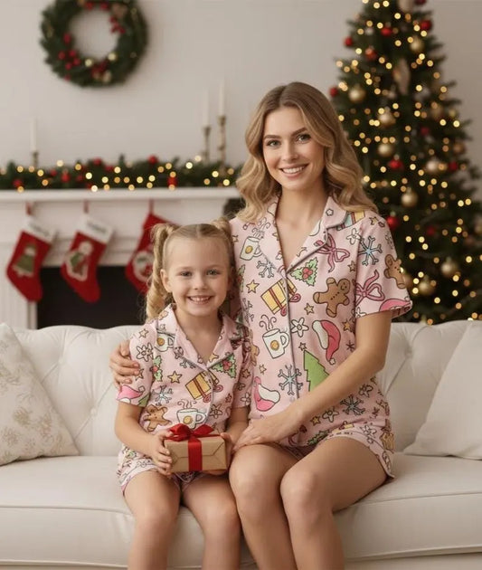 Matching Family Pink Christmas Pajama Set, Xmas Tree & Cookie PJs, Cartoon Portrait Sleepwear, Christmas Gift, Gift For Her PSJ1568