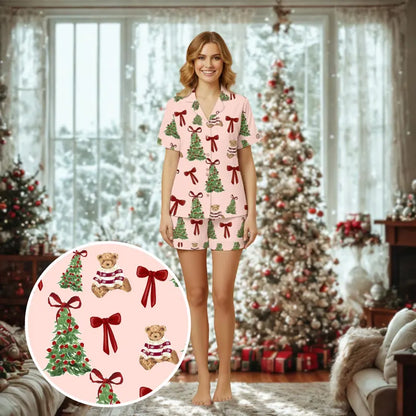 Teddy Bear Family Pajamas – Coquette Pink Christmas Tree Sleepwear, Cute Matching Holiday PJs for Women & KlDs
