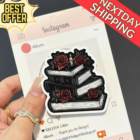 Gothic Book Stack Magnetic Phone Grip, Book Lover Grip, Vintage Rose Design, Literary Phone Grip, Gothic Aesthetic Accessory, Bookish Gift