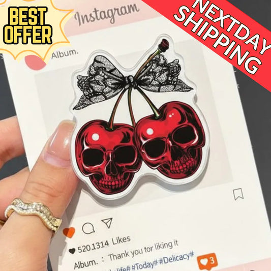 Cherry Skull Magnetic Phone Grip–Gothic Aesthetic, Cherry Skull Design, Amazing Phone Holder, Dark Fantasy Phone Accessory, Lace Bow Detail