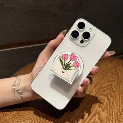 Tulip Flower Magnetic Phone Grip – Cute Envelope Design with Pink Tulips, Floral Magsafe Phone Holder, Aesthetic Phone Accessory