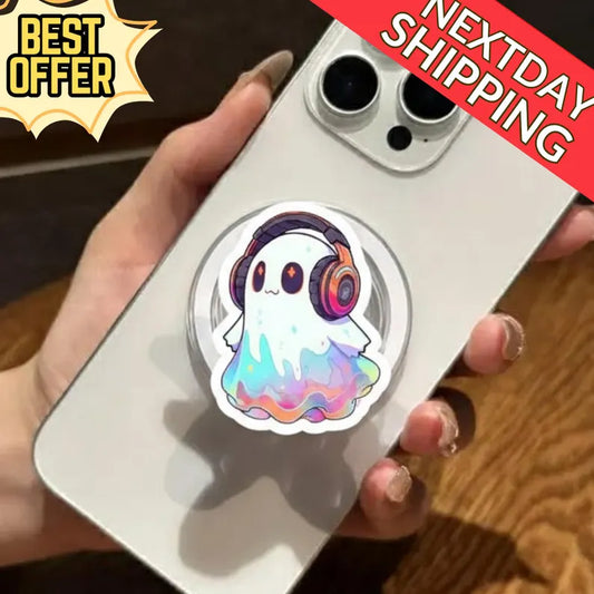 Rainbow Ghost Headphones MagSafe Phone Grip: Cute Kawaii Ghost Magnetic Phone Stand, Colorful Music Lover Phone Holder Gift