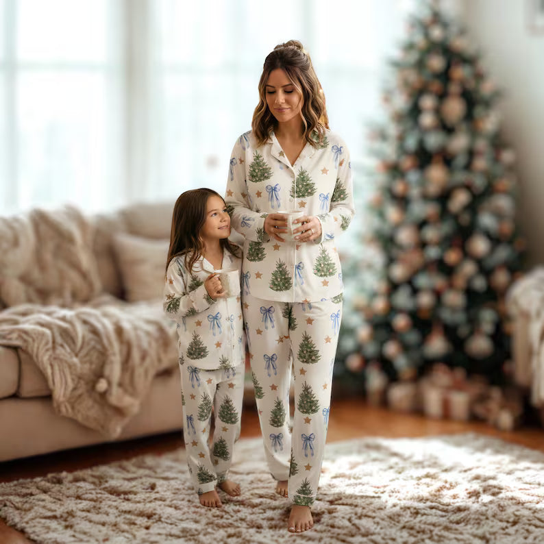 Mom & Daughter Coquette Satin Pajamas Set – Blue Bow Christmas Tree PJs, Matching Holiday Outfit, Cute Family Sleepwear for Christmas