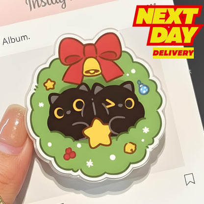 Christmas Wreath Cat MagSafe Phone Grip: Kawaii Holiday Magnetic Grip, Cute Black Cat Phone Holder, Festive Gift for Teens & Cat Lovers