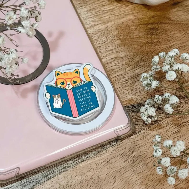 How To Buy New Books Cat MagSafe Phone Grip: Kawaii Cat Reading Book Magnetic Popgrip, Funny Meme Phone Holder, Cute Gift for Book Lovers
