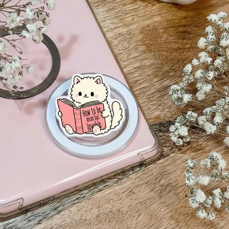 How To Be Mean But Lovable Cat MagSafe Phone Grip: Kawaii Cat Reading Book Magnetic Griptok, Funny Cat Lover Phone Holder, Gift for Teens