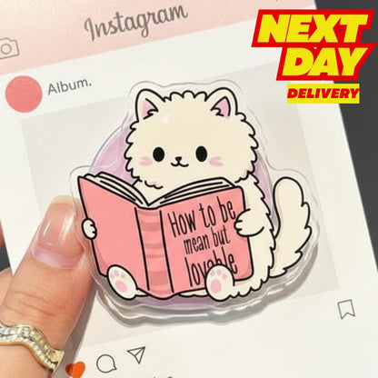 How To Be Mean But Lovable Cat MagSafe Phone Grip: Kawaii Cat Reading Book Magnetic Griptok, Funny Cat Lover Phone Holder, Gift for Teens