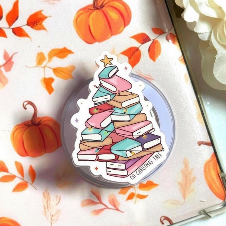 Christmas Tree Stack of Books Magnetic Phone Grip: Cute Book Tree MagSafe Kindle Stand, Holiday Phone Holder, Gift for Book Lovers