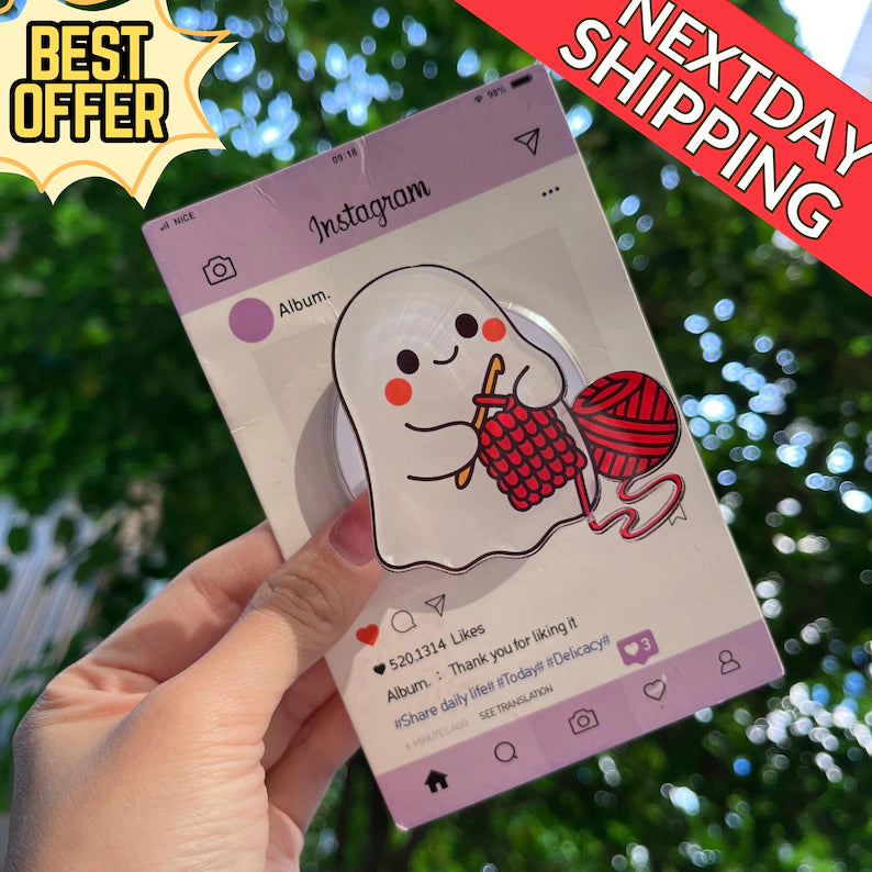 Ghost Magnetic Phone Grip: Cute Ghost with Yarn Magsafe Phone Stand, Kawaii Ghost-Inspired Phone Holder, Perfect Gift for Craft Lovers