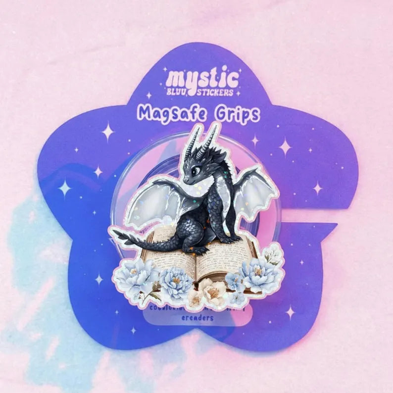 Fantasy Dragon Magnetic Phone Grip: Cute Dragon on Book Phone Stand, Kawaii Magsafe Phone Holder, Perfect Gift for Book Lover, Fantasy Fan