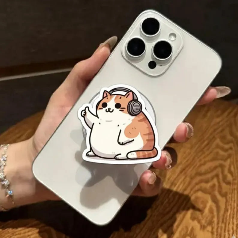 Cat with Headphones Magnetic Phone Grip: Cute Cat MagSafe Phone Stand, Funny Phone Accessory, Cat Lover Gift, Cozy Grip for Animal Lover