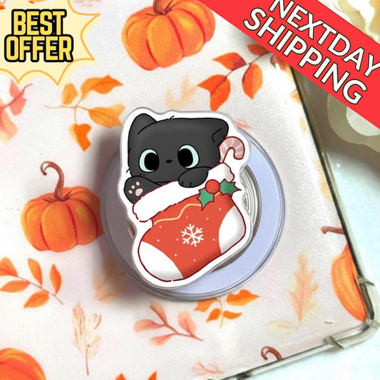 Cat in Christmas Stocking Magnetic Phone Grip: Cute Cat MagSafe Phone Holder, Holiday Phone Grip, Xmas Pet Lover Gift, Cozy Phone Accessory