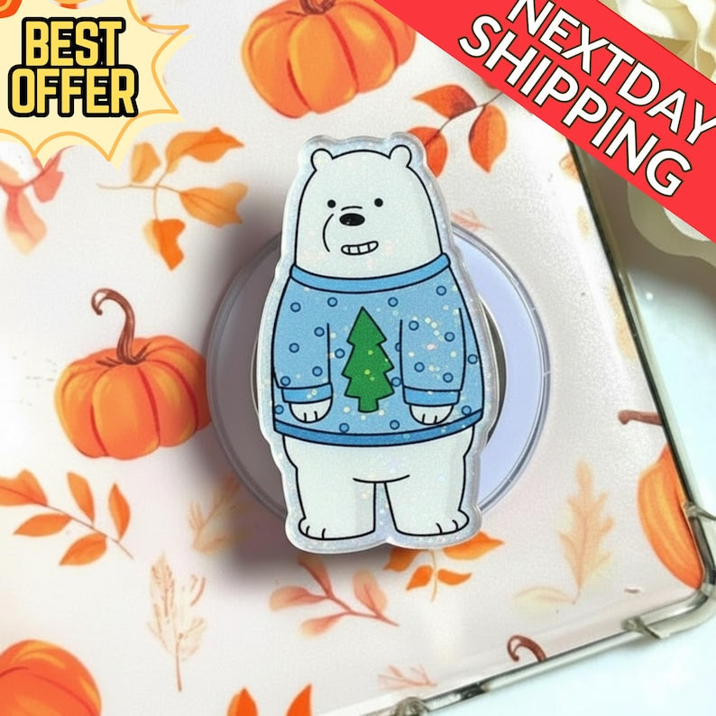 Polar Bear Christmas Sweater Phone Grip: Cute Holiday Bear MagSafe Phone Holder, Christmas Bear Grip, Xmas Phone Accessory, Holiday Decor