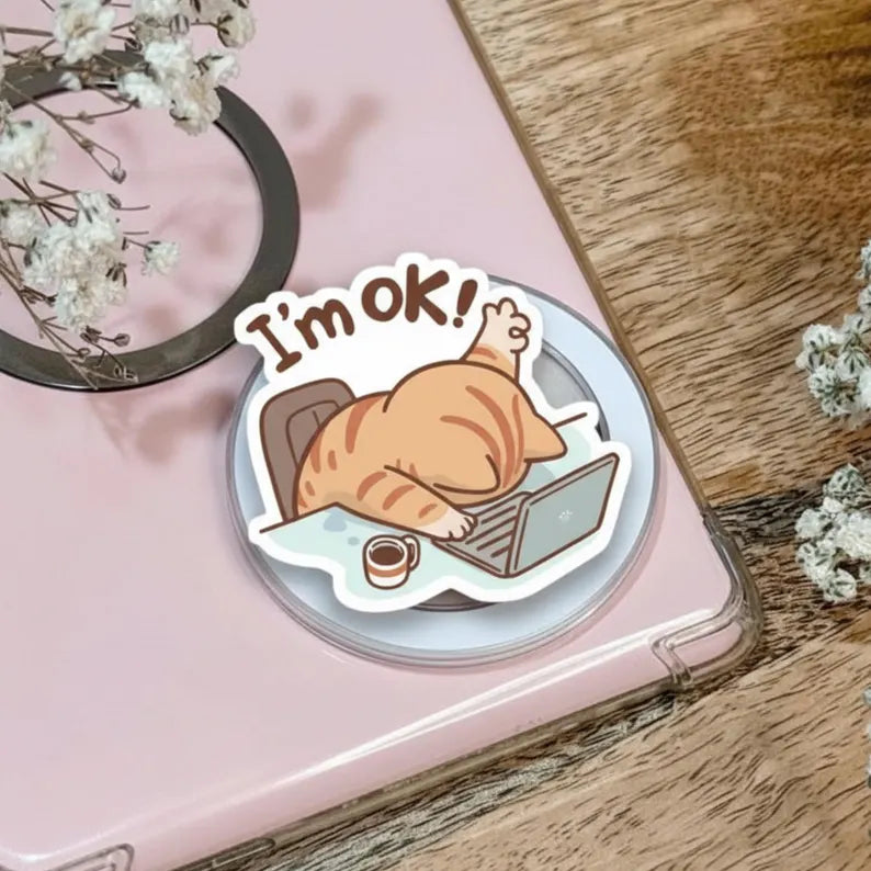 I'm OK Cat Magnetic Phone Grip: Funny Lazy Cat MagSafe Griptok, Cute Cat Office Phone Accessory, Coffee Lover Cat Phone Grip Gift