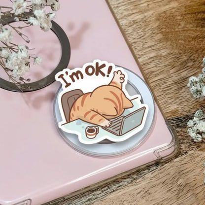 I'm OK Cat Magnetic Phone Grip: Funny Lazy Cat MagSafe Griptok, Cute Cat Office Phone Accessory, Coffee Lover Cat Phone Grip Gift