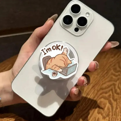 I'm OK Cat Magnetic Phone Grip: Funny Lazy Cat MagSafe Griptok, Cute Cat Office Phone Accessory, Coffee Lover Cat Phone Grip Gift