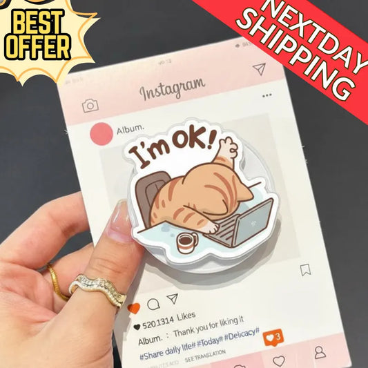 I'm OK Cat Magnetic Phone Grip: Funny Lazy Cat MagSafe Griptok, Cute Cat Office Phone Accessory, Coffee Lover Cat Phone Grip Gift