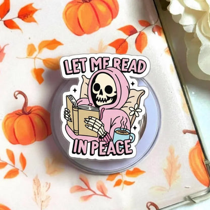 Let Me Read in Peace Magnetic Phone Grip – Funny Skeleton Reading Phone Holder, Kawaii Skeleton Phone Stand, Perfect Gift for Book Lovers