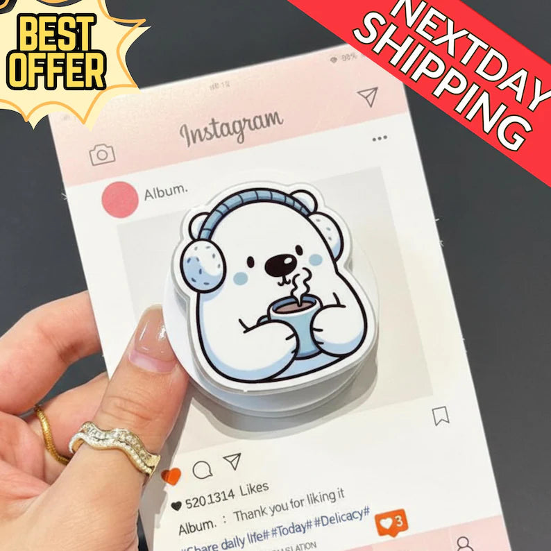 Cute Polar Bear Magnetic Phone Grip – Cozy Bear with Hot Drink Phone Holder, Kawaii Winter Phone Grip, Perfect Gift for Winter Lovers