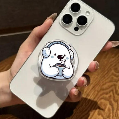 Cute Polar Bear Magnetic Phone Grip – Cozy Bear with Hot Drink Phone Holder, Kawaii Winter Phone Grip, Perfect Gift for Winter Lovers